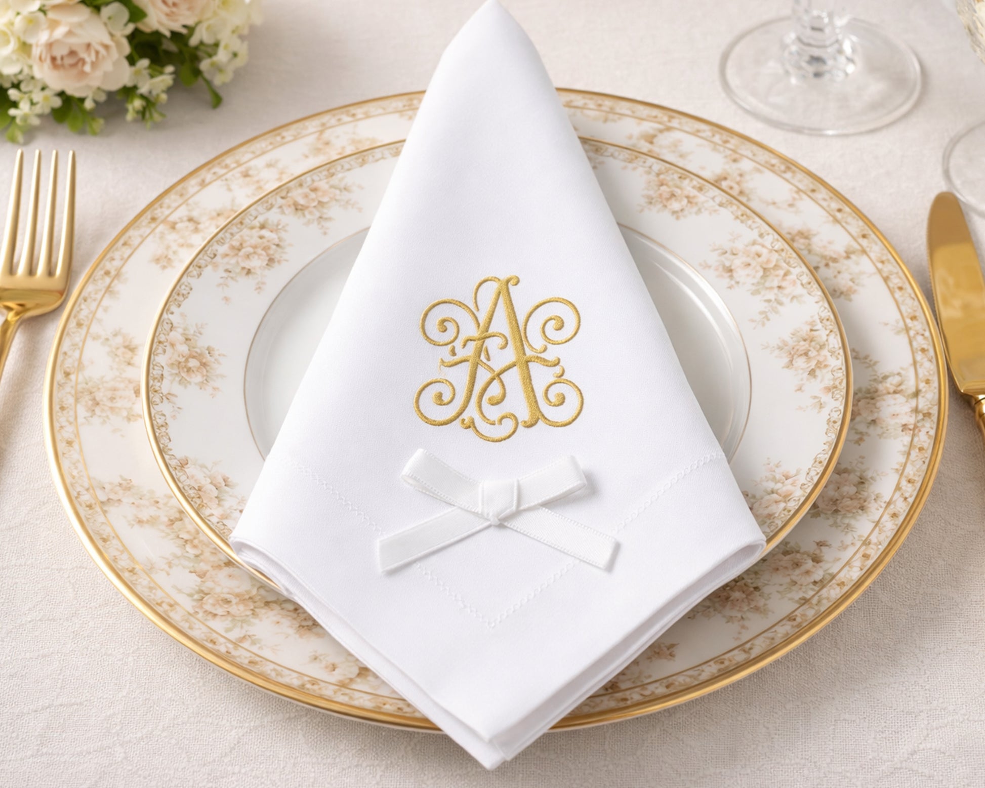 Elegant table setting with gold rimmed plates, white napkin with monogram, and gold cutlery.