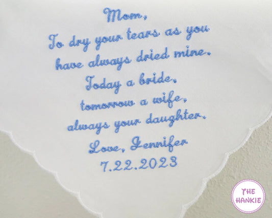 Embroidered message on a hankie with 'The Hankie' branding.