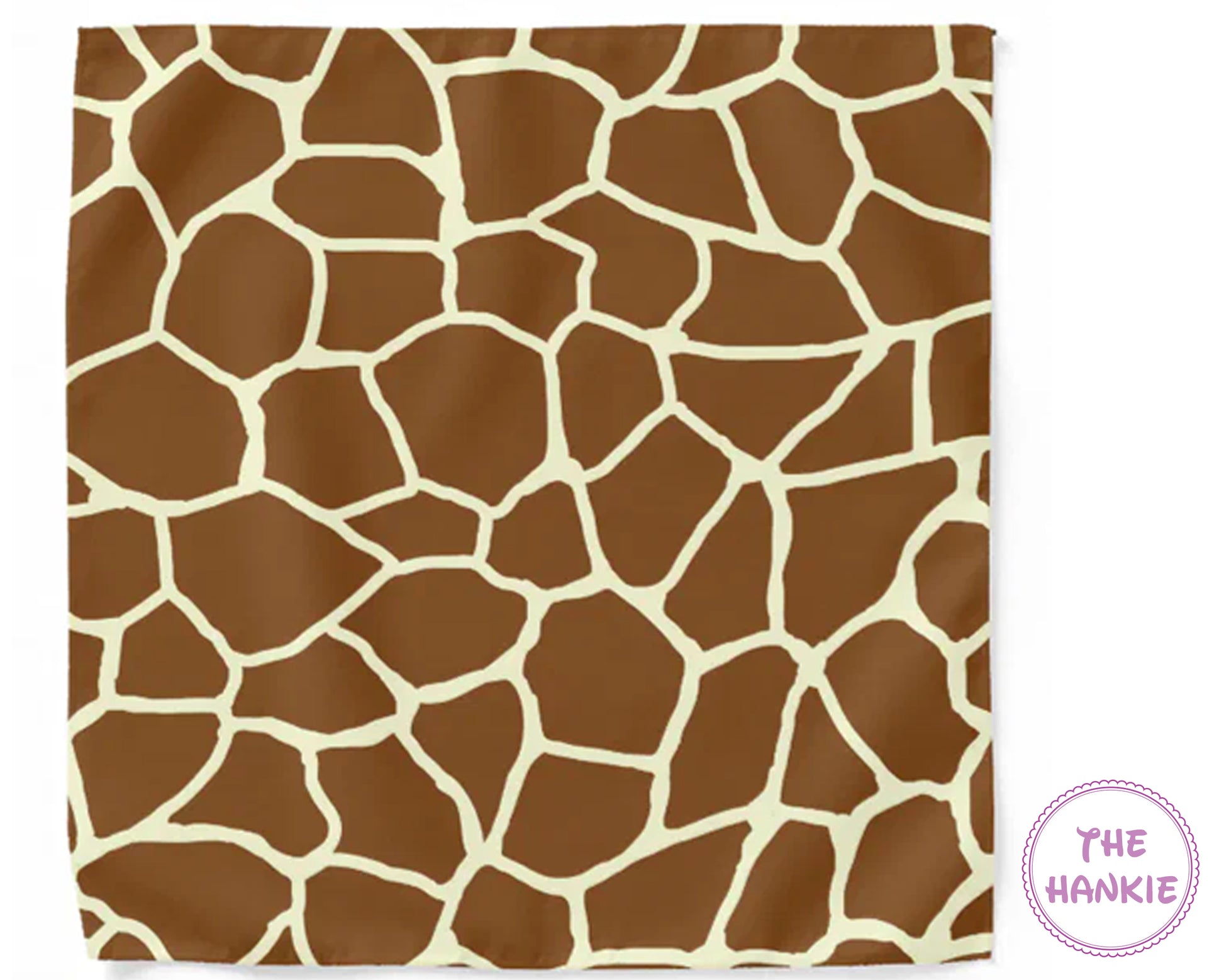 Giraffe patterned hankie with 'The Hankie' branding on a white background