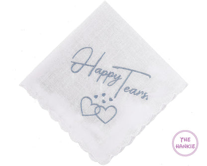 HAPPY TEARS with Heart and Custom Date, Embroidered Square Scalloped Edge Handkerchief