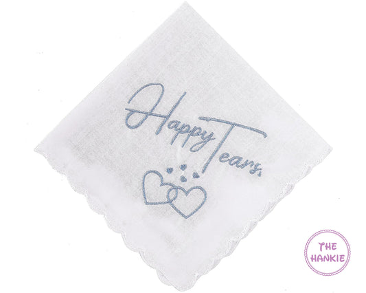 HAPPY TEARS with Heart and Custom Date, Embroidered Square Scalloped Edge Handkerchief