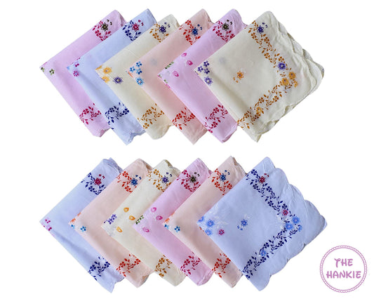 Womens Bright Scalloped edge Handkerchiefs - Set of 12