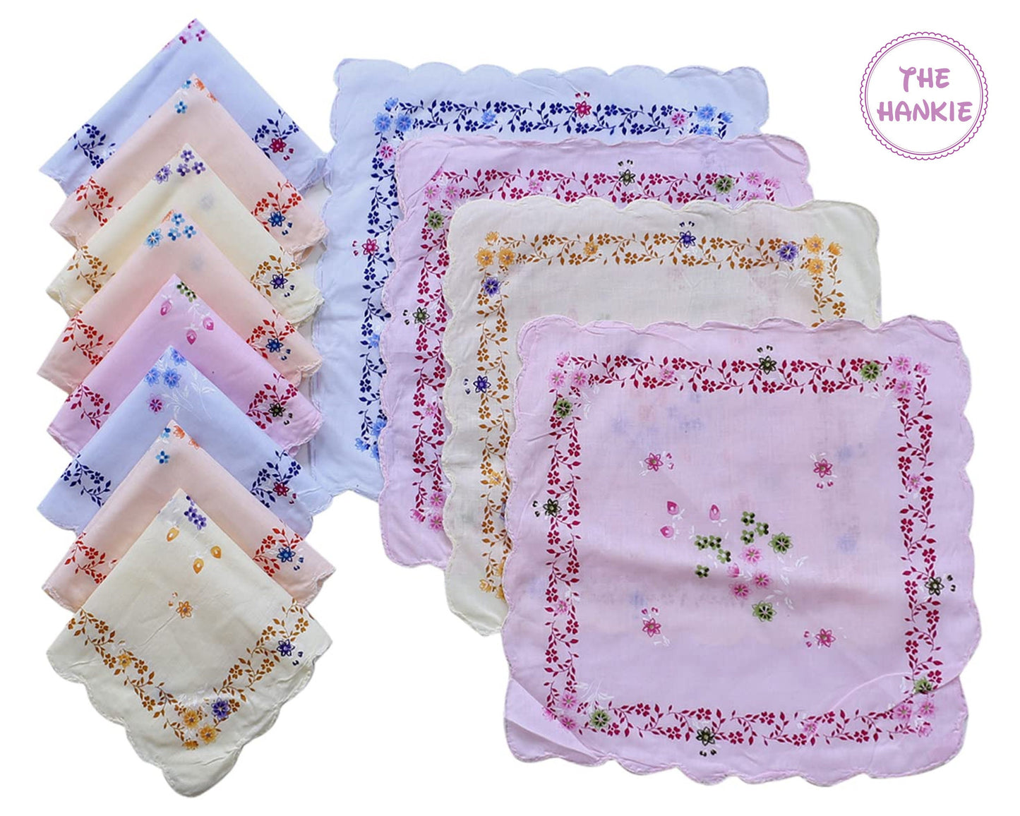 Womens Bright Scalloped edge Handkerchiefs - Set of 12